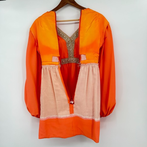 Vintage 60s Coral Highlighter Neon Babydoll Mini Dress Gold White Woven Trim - Picture 5 of 15